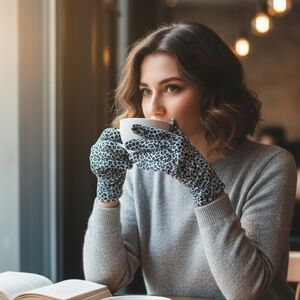 Cajoan Shiny, Soft Black & Silver Leopard Print Gloves One Size Fits Most